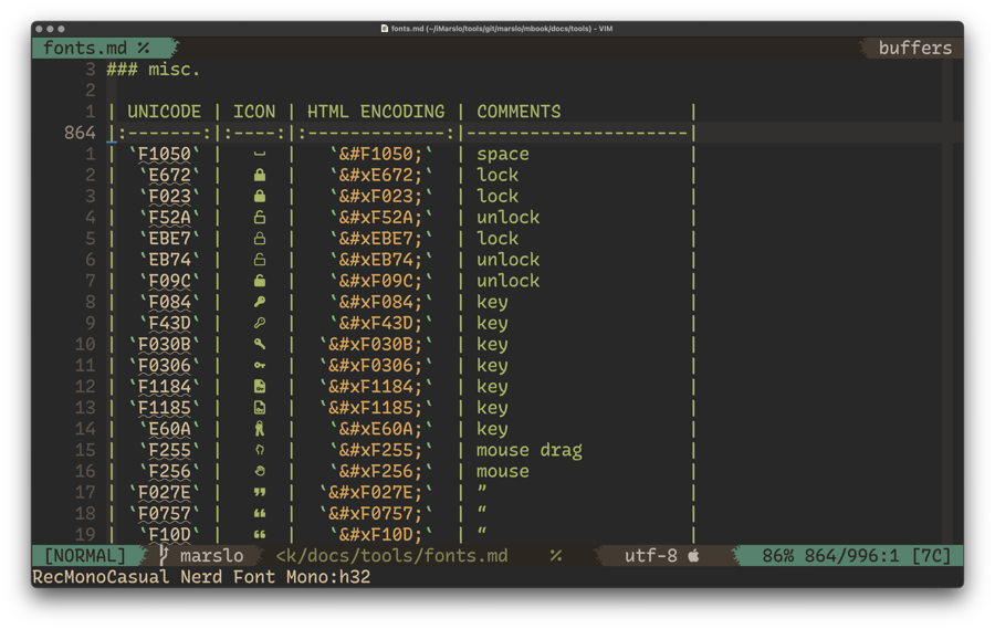 devicon with RecMonoCasual Nerd Font Mono